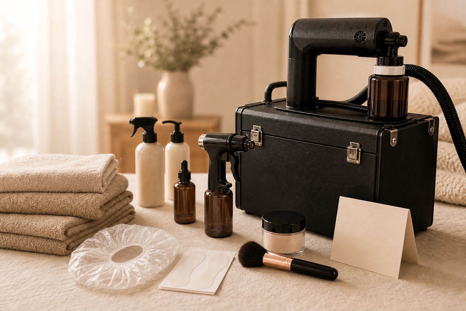 Compact mobile spray tan kit, folded towels and pop-up tent ready for a home appointment